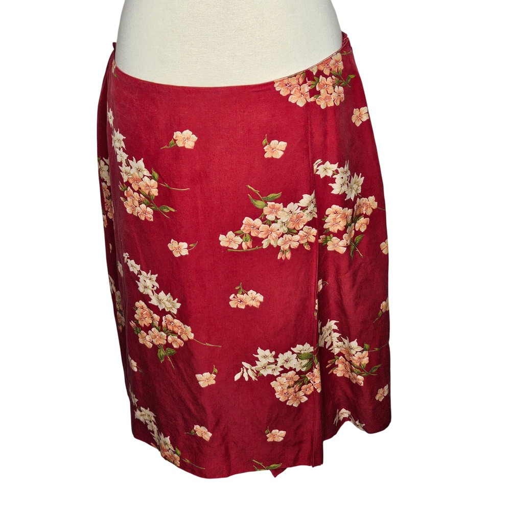 Jones New York Red Silk Linen Floral Midi Wrap Skirt Womens 12 Cherry Blossom